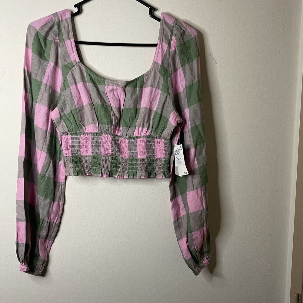 NWT BP. Nordstrom pink & green plaid smocked cottage core cropped blouse size XS